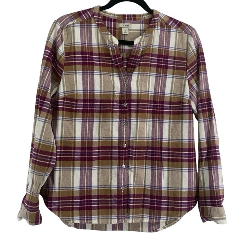 L L Bean Plaid Flannel Button Up Shirt Women's PS Burgundy Tan Ivory Periwinkle